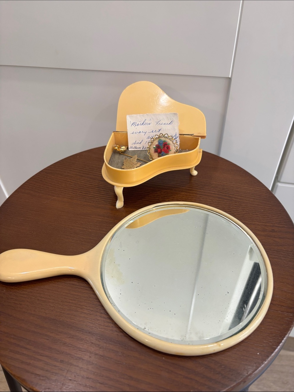 Vintage French Ivory Hand Mirror and Mini Jewelry Piano